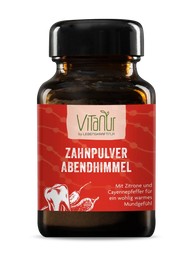Vitanur Zahnpulver Abendhimmel 50g im braunen Tablettenglas mit rotem Etikett
