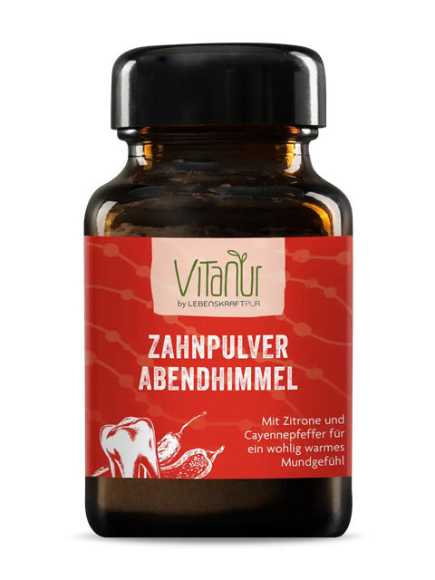 Vitanur Zahnpulver Abendhimmel 50g im braunen Tablettenglas mit rotem Etikett