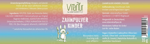 Vitanur Zahnpulver Kinder Verpackung, buntes Design, Hase mit Zahnbürste, 35g, zuckerfrei, vegan