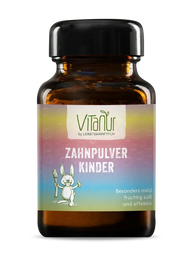 Vitanur Zahnpulver Kinder im braunen Glas, bunte Etikette mit Hase, 35g, Zahnreinigung für Kinder