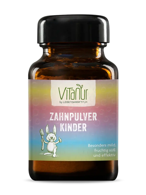Vitanur Zahnpulver Kinder im braunen Glas, bunte Etikette mit Hase, 35g, Zahnreinigung für Kinder