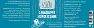 Vitanur Zahnpulver Morgensonne 45g in blauem Design mit Zahn-Grafik, Inhaltsstoffen und Herstellerangaben.