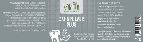Etikett von Vitanur Zahnpulver Plus, basisches Zahnpflegepulver mit Bio-Kurkuma und Bio-Pfefferminzöl, 45g
