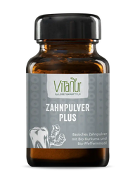 VitaNur Zahnpulver Plus Glas mit Zahnpulver, Bio-Kurkuma und Bio-Pfefferminzöl
