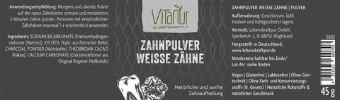 Vitanur Zahnpulver Weisse Zähne 45g Packung, natürliche Zahnaufhellung, vegane Zahnpflege