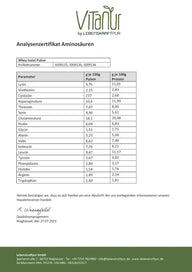 Analysenzertifikat Aminosäuren Whey Isolat Pulver Tabelle von VitaNur, LebensKraftPur