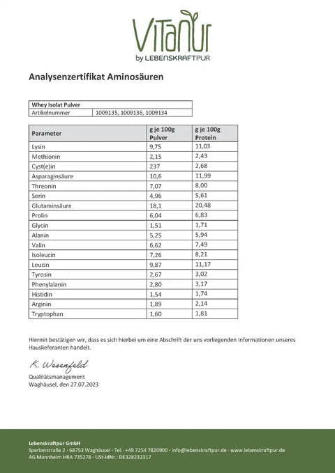 Analysenzertifikat Aminosäuren Whey Isolat Pulver Tabelle von VitaNur, LebensKraftPur