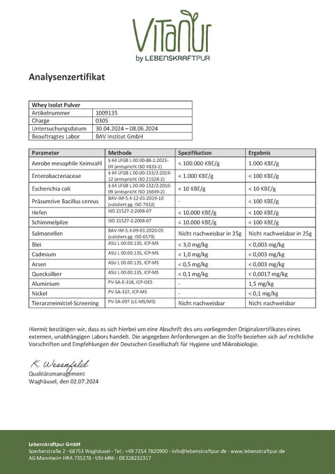 Analysenzertifikat für Whey Isolat Pulver mit Schadstoffanalyse, Laborergebnisse, VitaNur Logo