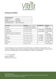Analysenzertifikat Zahnkristalle Xylit von VitaNur, Prüfergebnisse Schadstoffe, Laborbericht