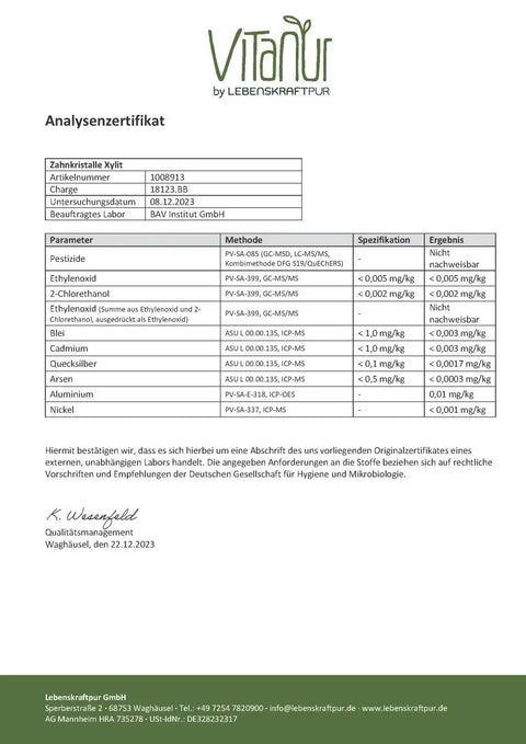 Analysenzertifikat Zahnkristalle Xylit von VitaNur, Prüfergebnisse Schadstoffe, Laborbericht