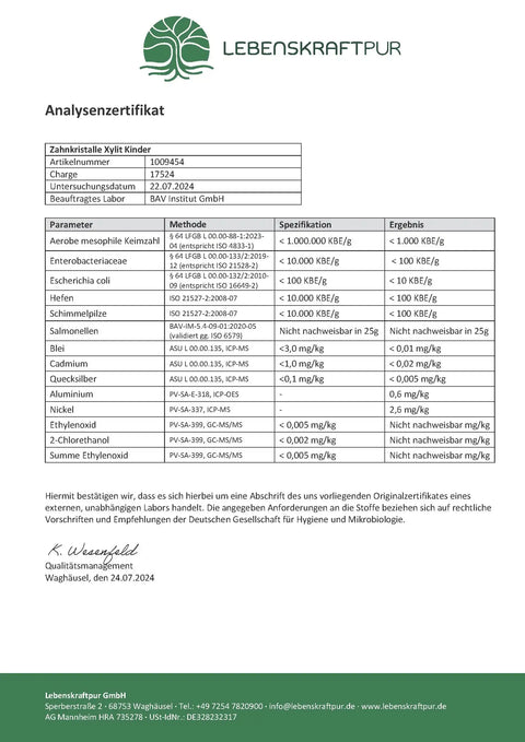 Zertifikat Analyse Zahnkristalle Xylit Kinder mit Prüfergebnissen zu Schadstoffen und Keimen