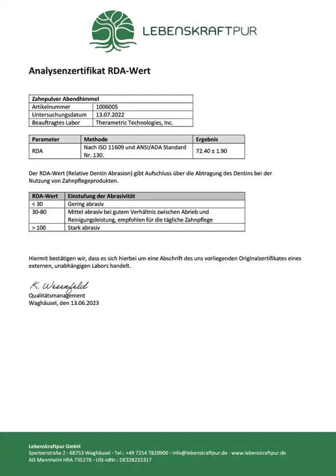 Analysenzertifikat RDA-Wert für Zahnpulver Abendhimmel von Lebenskraftpur, Laborbericht, Testergebnis 72,4