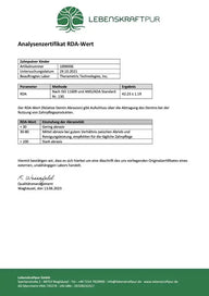 Analysenzertifikat RDA-Wert für Zahnpulver Kinder von Lebenskraftpur, Laborbericht mit Logo