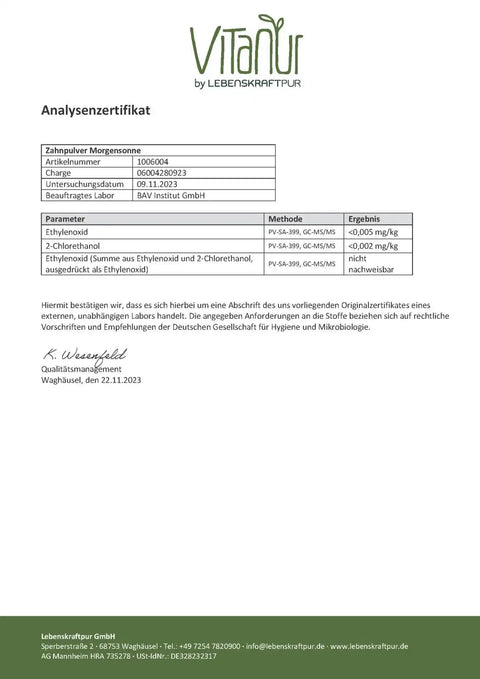 Analysezertifikat für Zahnpulver Morgensonne, Ergebnisse Ethylenoxid und 2-Chlorethanol