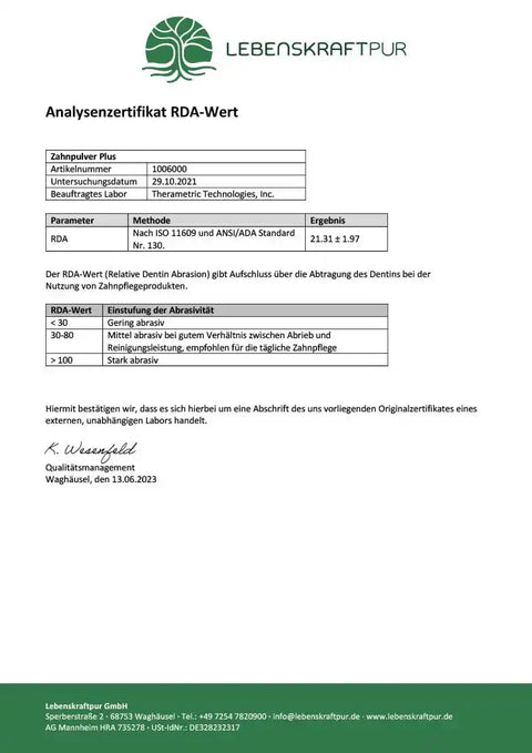 Analysenzertifikat RDA-Wert Zahnpulver Plus von Lebenskraftpur, Prüfungsergebnis 21.31, Laborbericht.