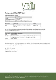 Analysezertifikat RDA-Wert Zahnpulver Ratanhia Nelke von Vitanu LebensKraftPur, Laborbericht