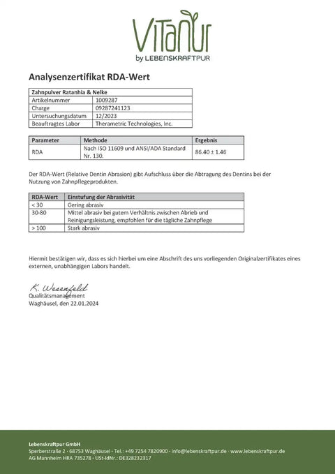 Analysezertifikat RDA-Wert Zahnpulver Ratanhia Nelke von Vitanu LebensKraftPur, Laborbericht