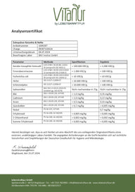 Analysezertifikat für Zahnpulver Ratanhia & Nelke von VITANUR, Prüftabelle Schadstoffe, Laborergebnisse
