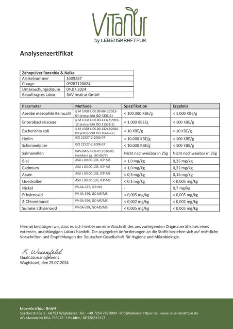 Analysezertifikat für Zahnpulver Ratanhia & Nelke von VITANUR, Prüftabelle Schadstoffe, Laborergebnisse
