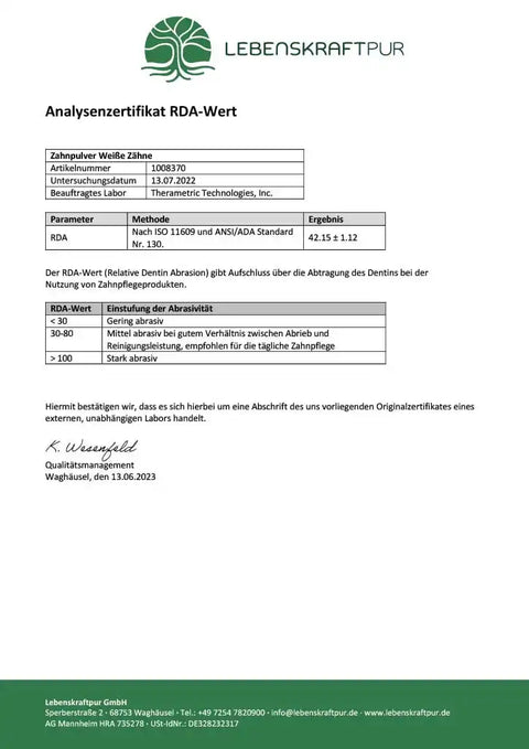 Analysenzertifikat für Zahnpulver Weiße Zähne mit RDA-Wert 42,15 von Lebenskraftpur