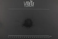 Schwarzes Zahnpulver von Vitanur auf schwarzem Hintergrund mit Messskala, Zahnpflege Produkt