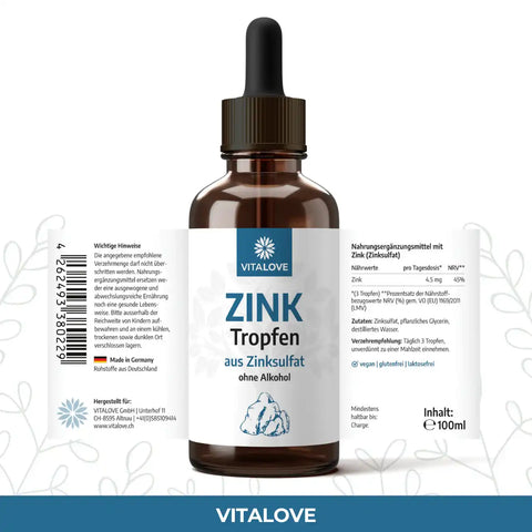 Etikett der VITALOVE Zink Tropfen mit Zinksulfat