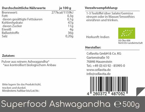 Bio Ashwagandha - Pulver - 500g (Superfood) - VITALOVE - Naturprodukte