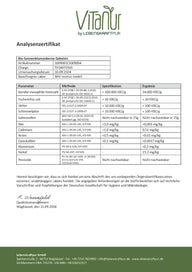 Analysenzertifikat Bio Sonnenblumenkerne gekeimt mit Laborwerten und VITANUR Logo