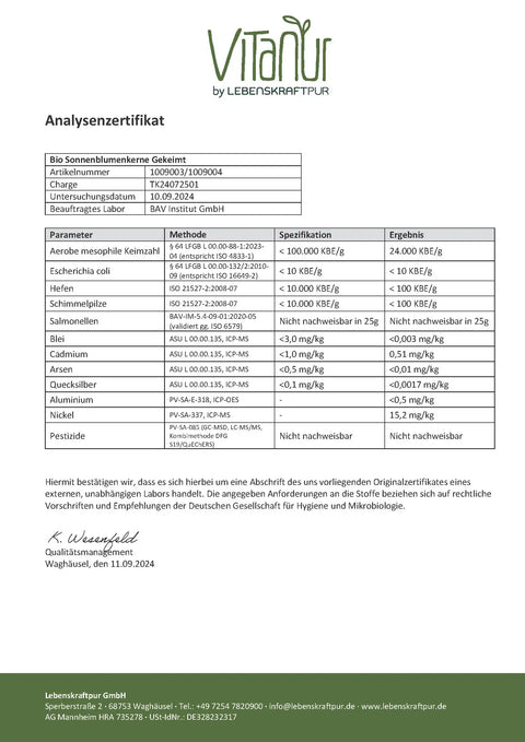 Analysenzertifikat Bio Sonnenblumenkerne gekeimt mit Laborwerten und VITANUR Logo