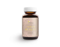 CellaPure Inner Beauty Flasche, braunes Glas mit weißem Deckel, Kollagen und Hyaluron Kapseln