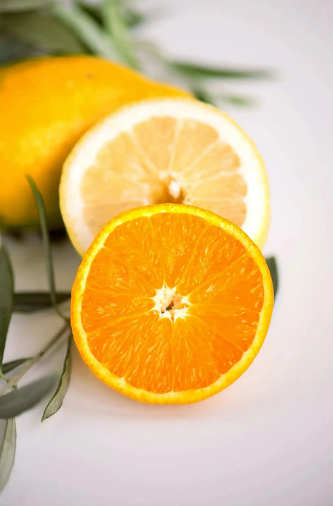 Frische Zitronenscheibe und Orangenscheibe mit grünen Blättern auf weißem Hintergrund