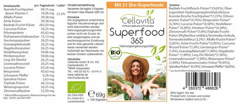 Superfood 365 Bio - mit 21 Bio-Superfoods - 150 Kapseln - VITALOVE - Naturprodukte