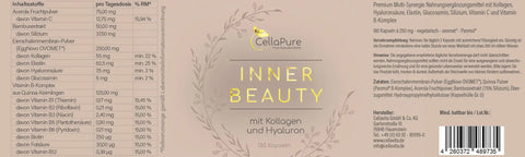 CellaPure INNER BEAUTY Etikett, Nahrungsergänzung mit Kollagen, Hyaluron, Vitaminen, 180 Kapseln