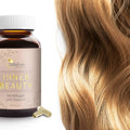 CellaPure Inner Beauty Kapseln mit Kollagen und Hyaluron neben glänzendem blondem Haar