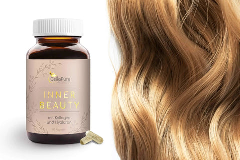 CellaPure Inner Beauty Kapseln mit Kollagen und Hyaluron neben glänzendem blondem Haar