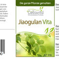 Jiaogulan Vita Badezusatz Etikett mit grünen Jiaogulan-Blättern, Produktinfo, Barcode, Cellavita