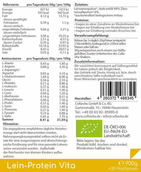 Bio Lein-Protein (natürlicher Proteinshake) - 30 Portionen - 900g - VITALOVE - Naturprodukte