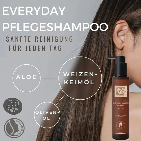 Frau mit glattem Haar, Flasche Every Day Pflegeshampoo, Aloe, Olivenöl, Weizenkeimöl, Bio Naturkosmetik