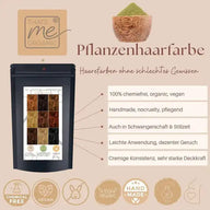 Pflanzenhaarfarbe vegan, chemiefrei, biologische Haarfarbe, handgemacht, natur, pflegend.
