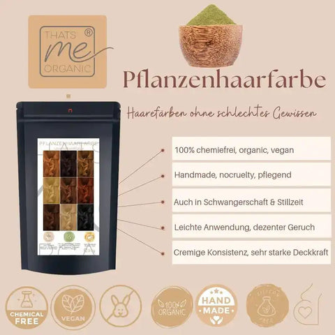 Bio Pflanzenhaarfarbe, vegane, chemiefreie Haarfarbe von Thats Me Organic, Produktbild mit Farbpalette und Vorteilen.