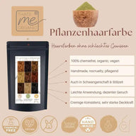 Pflanzenhaarfarbe vegan chemiefrei, schwarze Verpackung, naturgrüne Pulver, Produktinfos, Bio-Logos