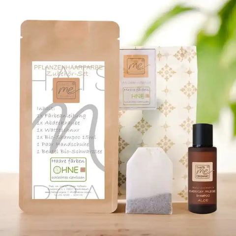 Basic Zubehör Set für Pflanzenhaarfarben (Watte, Shampoo, Handschuhe, Haube, Schwarztee, Anleitung)