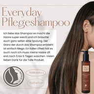 Everyday Pflegeshampoo Werbung, Frau mit glattem Haar, Bio-Shampoo-Flasche, silikonfrei, sulfatfrei