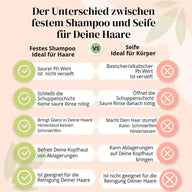 Vergleich festes Shampoo vs Seife für Haare, Infografik mit Vorteilen und Nachteilen, Haarpflege-Tipps