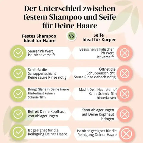 Vergleich festes Shampoo vs Seife für Haare, Infografik mit Vorteilen und Nachteilen, Haarpflege-Tipps