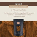 Pflanzenhaarfarbe Packung auf braunem Haar, Text: Inhalt, perfekt zum Nachfärben