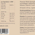 Etikett eines Nahrungsergänzungsmittels mit Inhaltsstoffen wie Kollagen, Hyaluronsäure, Elastin, Glucosamin, Silizium, Vitamin C und Vitamin B-Komplex, Dosierungsempfehlung und Herstellerangabe.