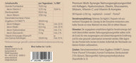 Etikett eines Nahrungsergänzungsmittels mit Inhaltsstoffen wie Kollagen, Hyaluronsäure, Elastin, Glucosamin, Silizium, Vitamin C und Vitamin B-Komplex, Dosierungsempfehlung und Herstellerangabe.