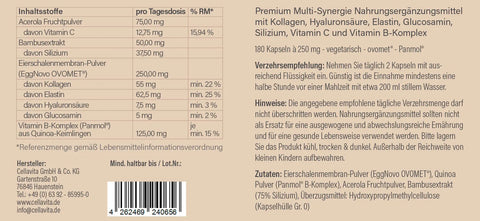 Etikett eines Nahrungsergänzungsmittels mit Inhaltsstoffen wie Kollagen, Hyaluronsäure, Elastin, Glucosamin, Silizium, Vitamin C und Vitamin B-Komplex, Dosierungsempfehlung und Herstellerangabe.