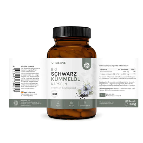 Bio Schwarzkümmelöl Kapseln – ungefiltert & kaltgepresst – 180 Kapseln